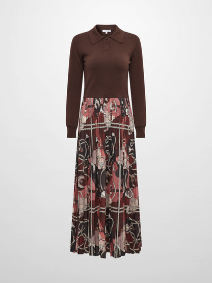Knit Polo Top Pleat Dress - Brown