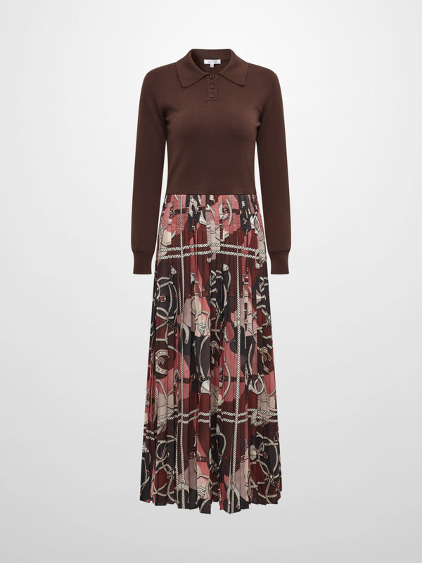 Knit Polo Top Pleat Dress - Brown