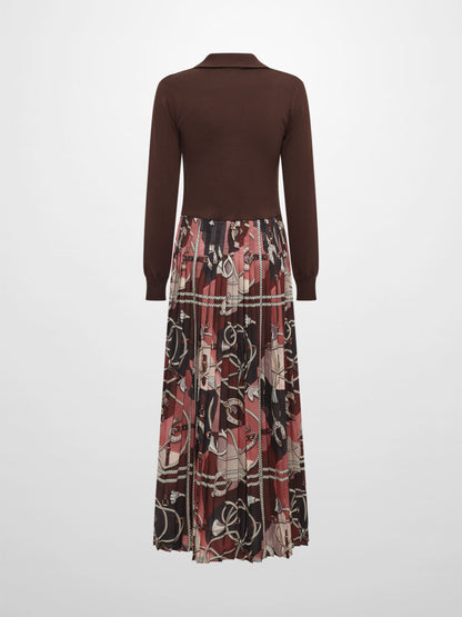 Knit Polo Top Pleat Dress - Brown