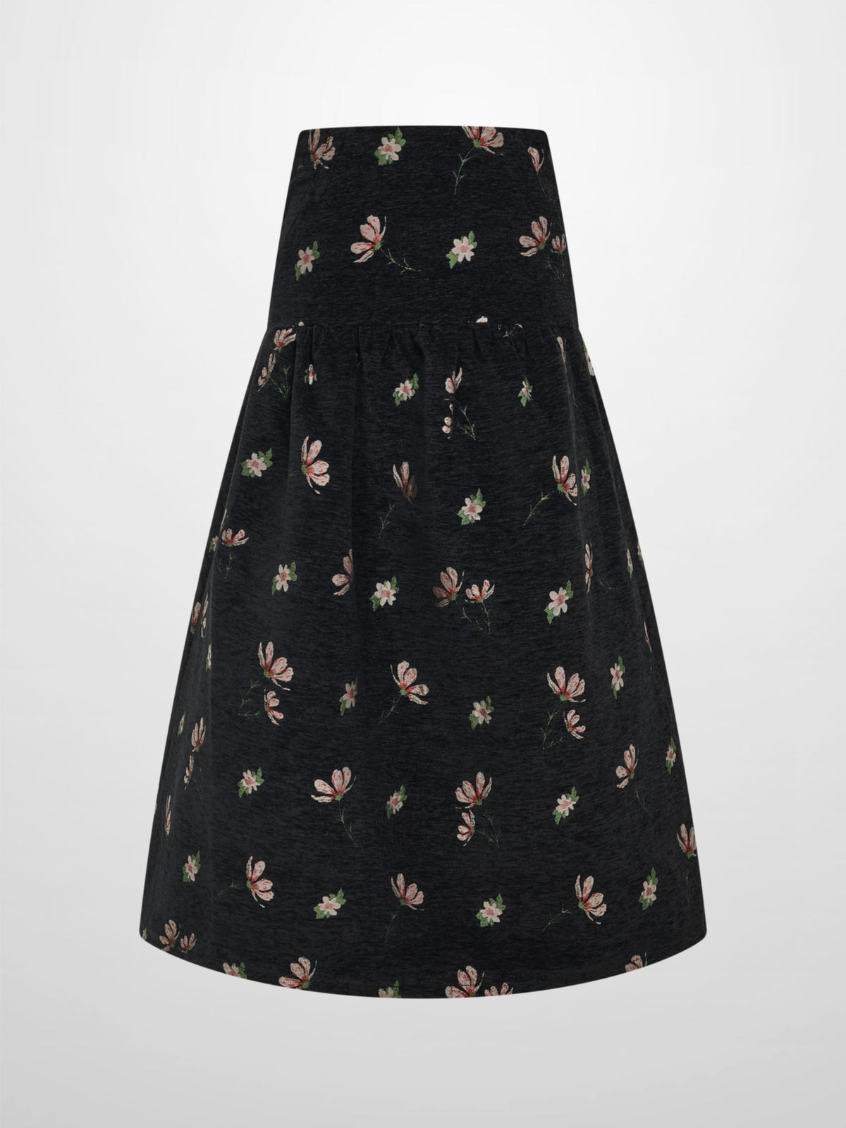 Curved Yoke Gathered Skirt - Embroidered Flowers