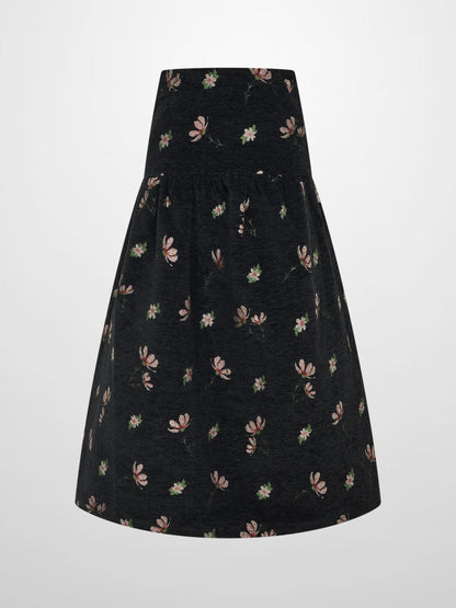 Curved Yoke Gathered Skirt - Embroidered Flowers