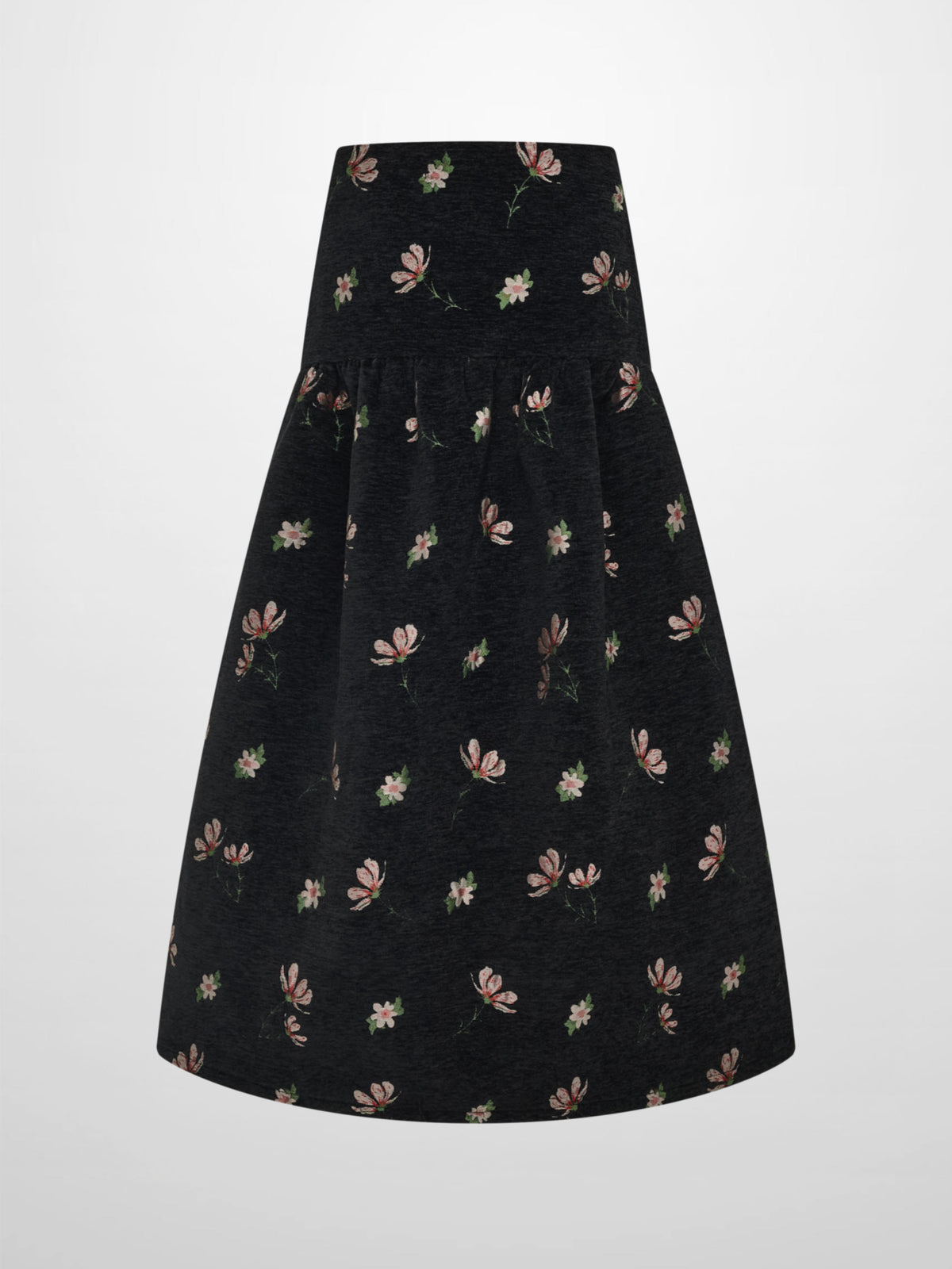 Curved Yoke Gathered Skirt - Embroidered Flowers