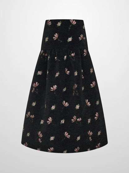 Curved Yoke Gathered Skirt - Embroidered Flowers