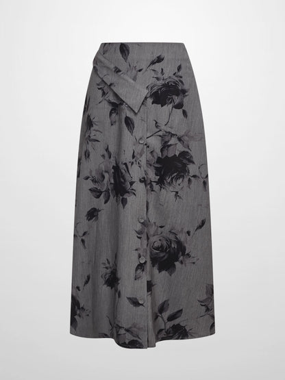 Side Button A-Line Skirt - Grey/Black Floral