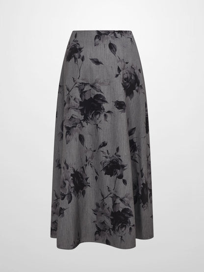Side Button A-Line Skirt - Grey/Black Floral