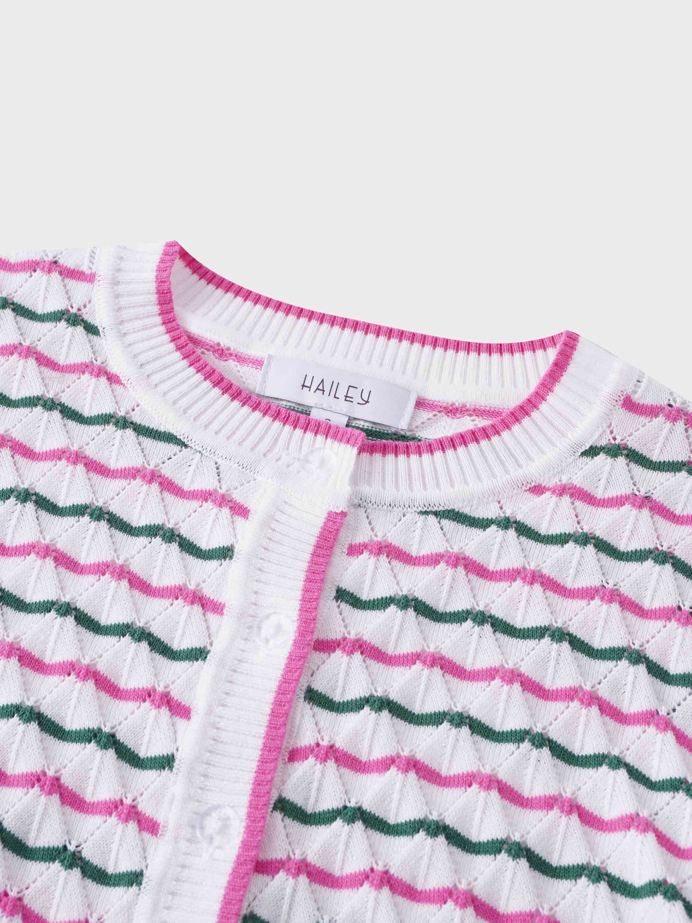 Striped Pointelle Cardigan-Green/Pink/White