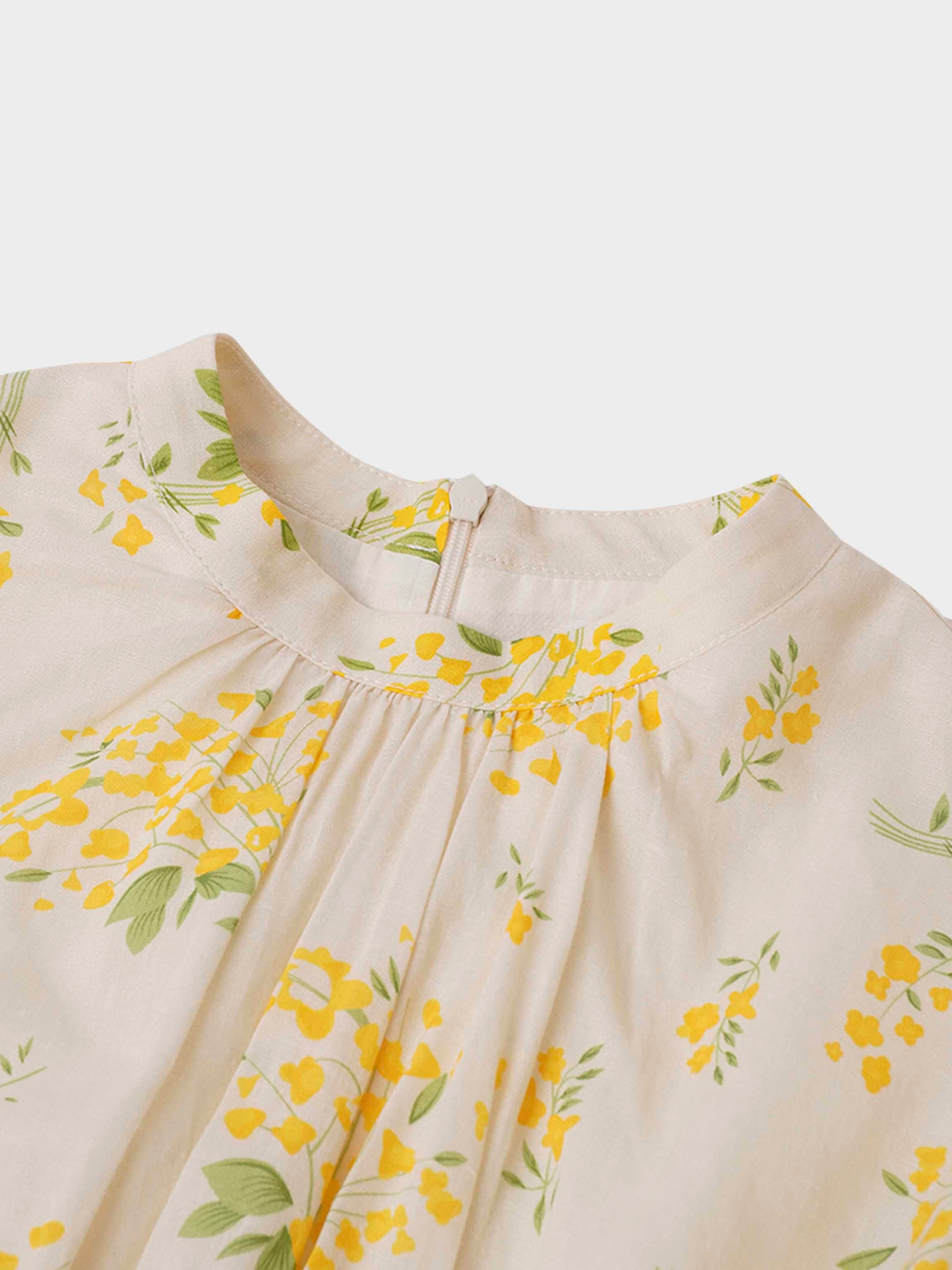 Ruched Puff Sleeve Dress-Yellow Floral