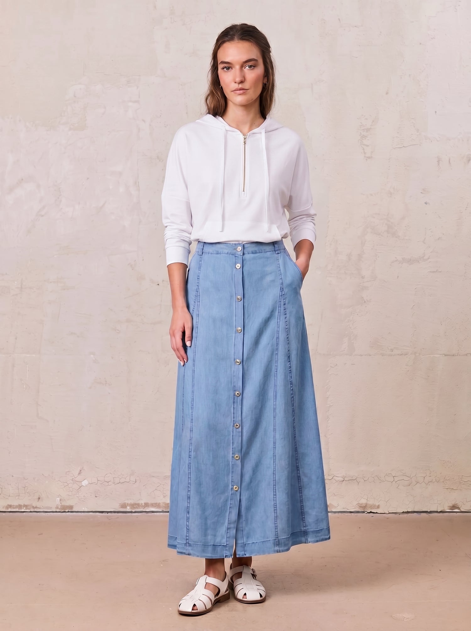 Ribbed Half Zip Hoodie Tee-White