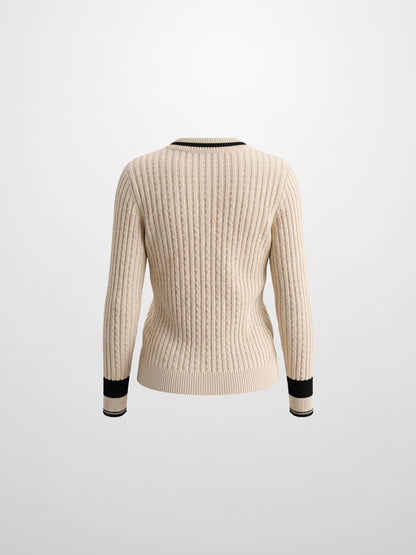 High V Waffle Sweater - Cream/Black