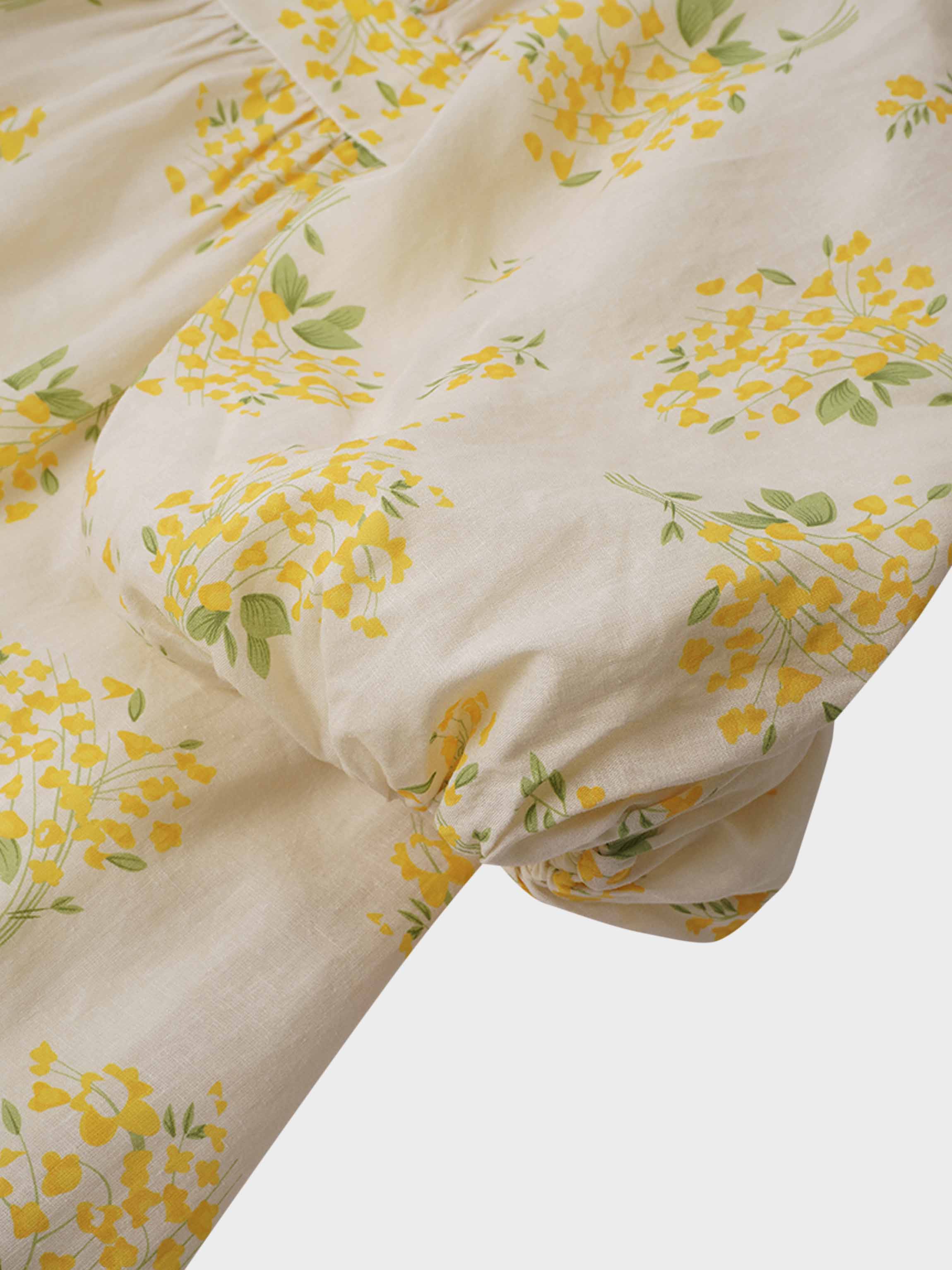 Ruched Puff Sleeve Dress-Yellow Floral