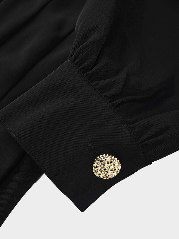 Side Button Pleat Dress-Black