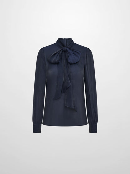 Textured Shimmer Center Bow Blouse - Navy