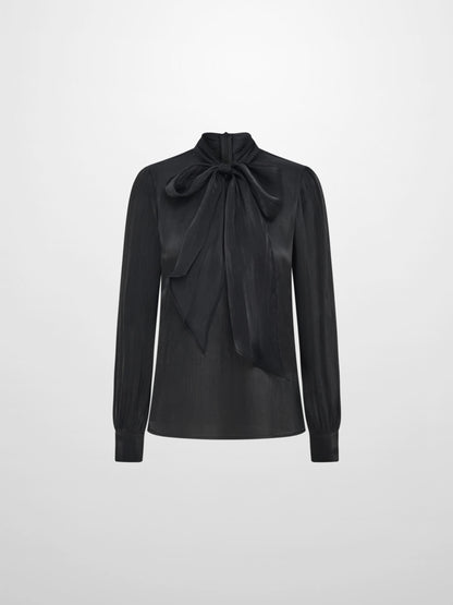Textured Shimmer Center Bow Blouse - Black