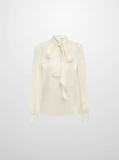 Textured Shimmer Center Bow Blouse - Cream