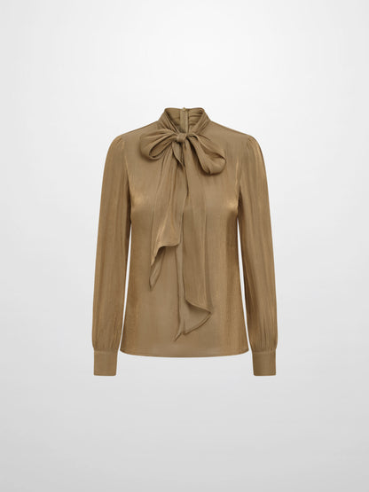 Textured Shimmer Center Bow Blouse - Bronze