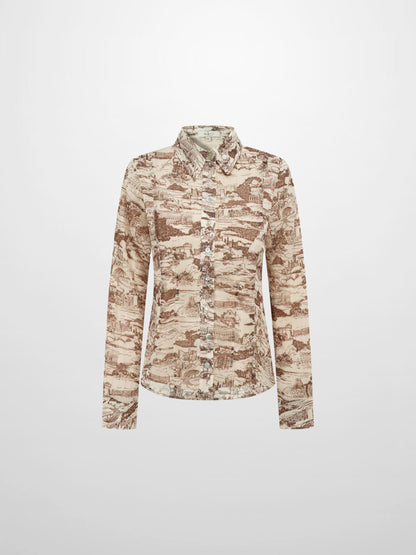 Thin Printed Button Down Blouse - Brown Toille