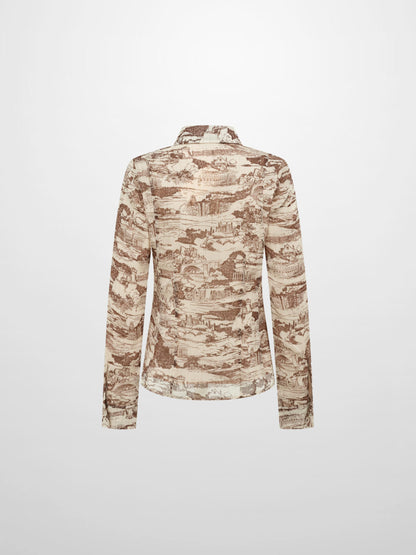 Thin Printed Button Down Blouse - Brown Toille