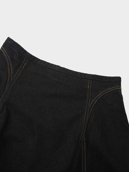 Seamed Full Circle Denim Skirt-Black