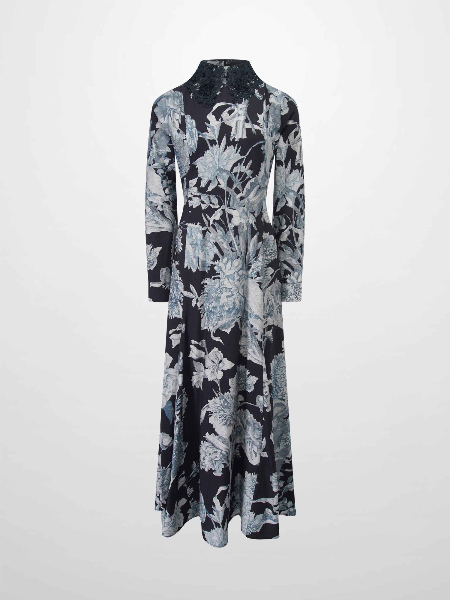 Lace Collar Princess A-Line Dress-Blue Floral