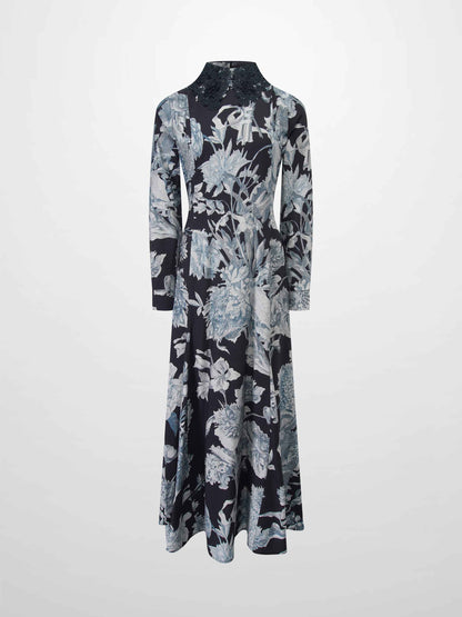Lace Collar Princess A-Line Dress-Blue Floral