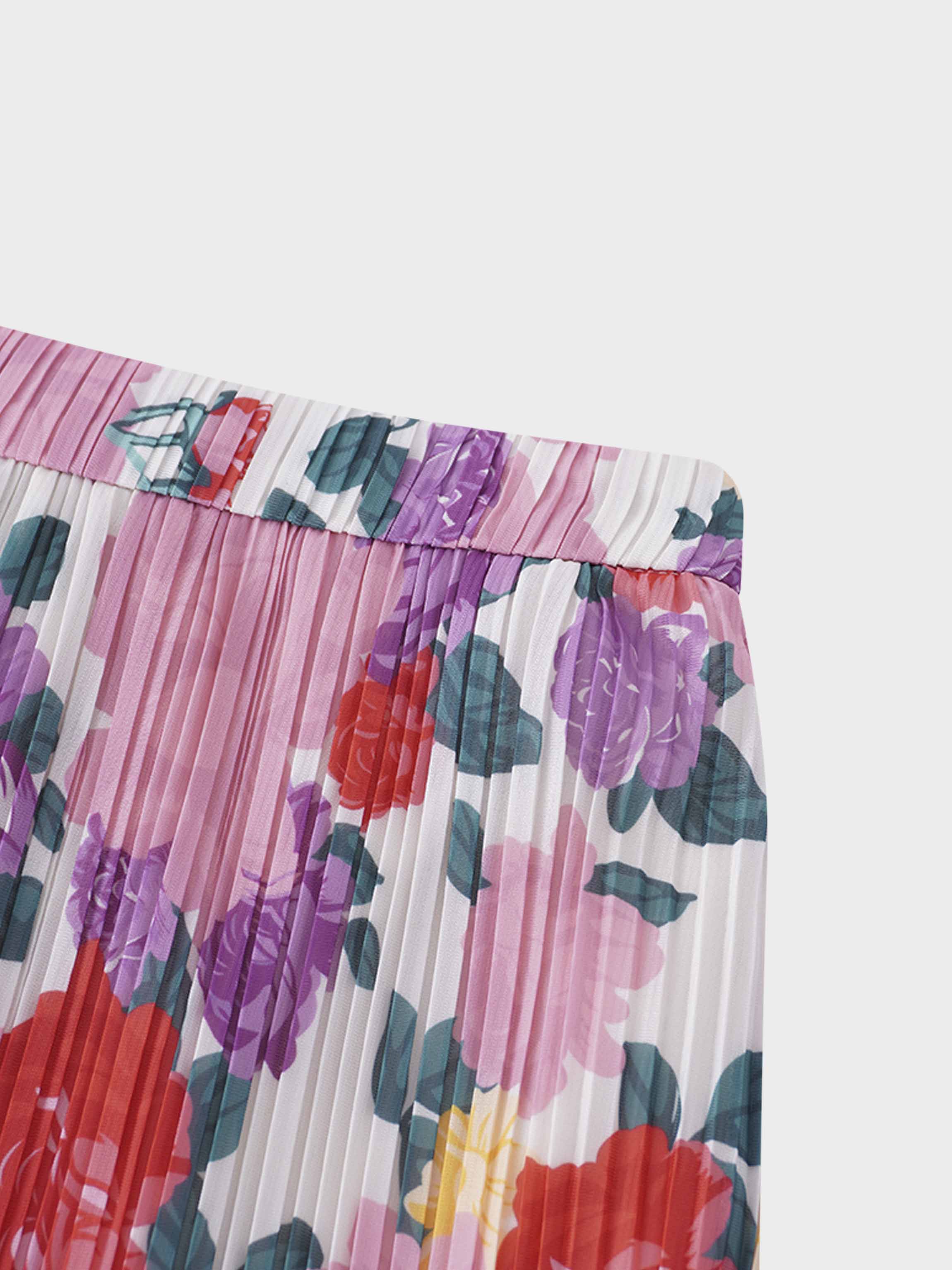 Layered Pintuck Pleated Skirt-Pink Floral