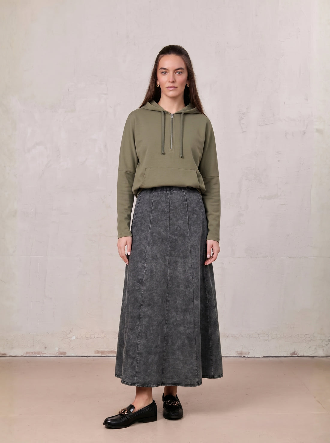 Ribbed Half Zip Hoodie Tee-Camouflage Green