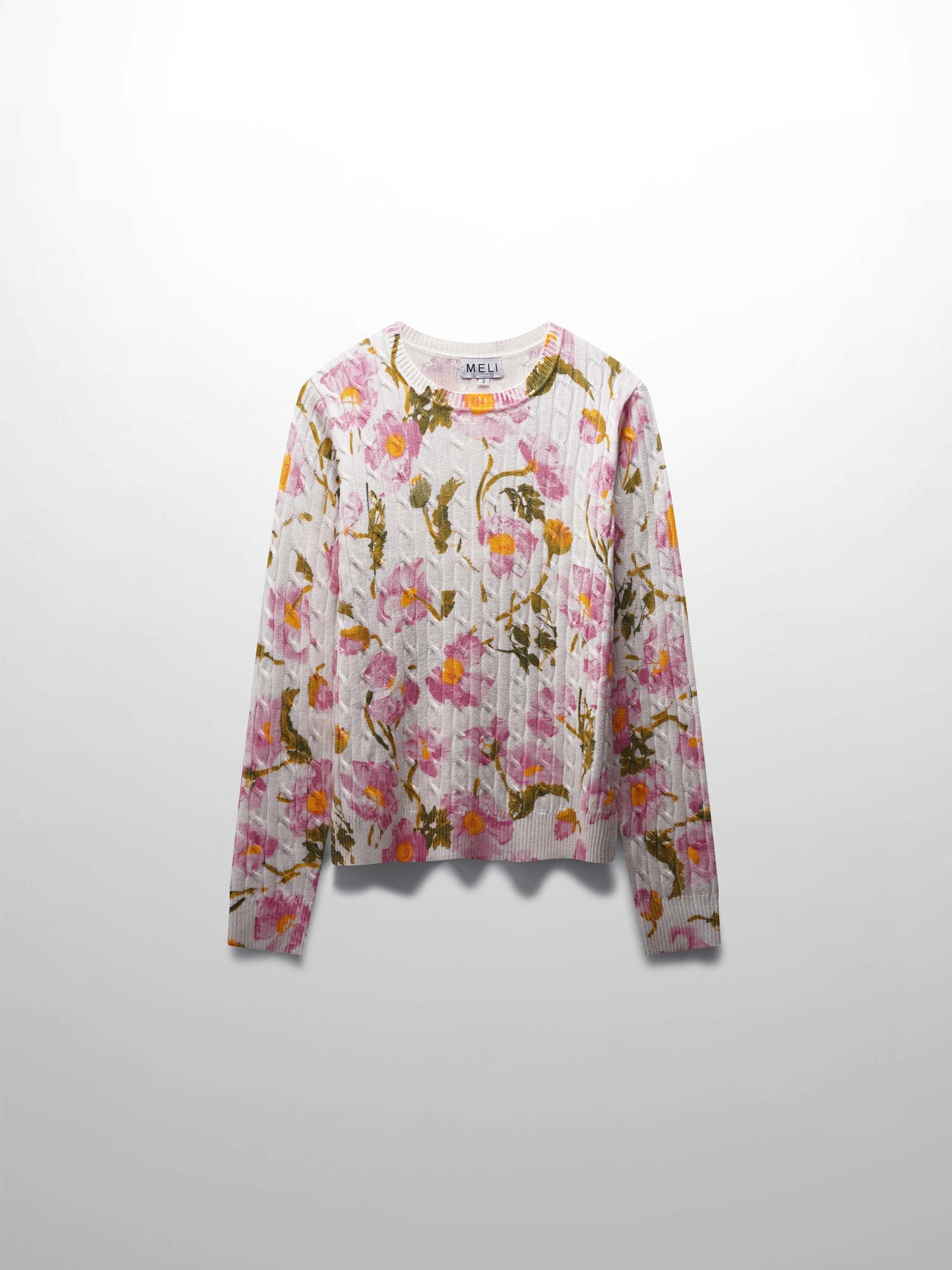 Printed Cable Knit Sweater- Soft Pink Floral