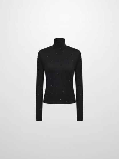 Rhinestone Embelished Mesh Turtleneck - Black