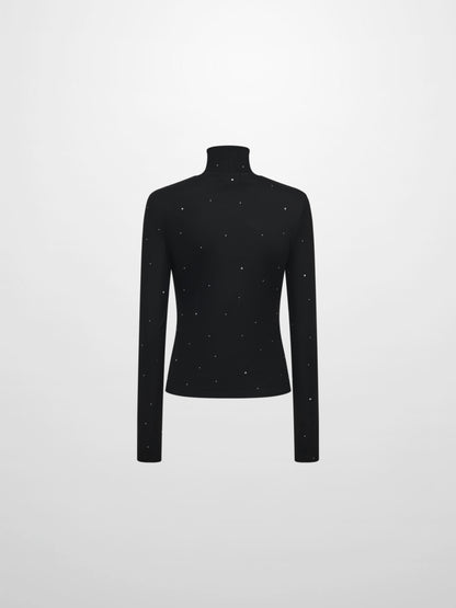 Rhinestone Embelished Mesh Turtleneck - Black