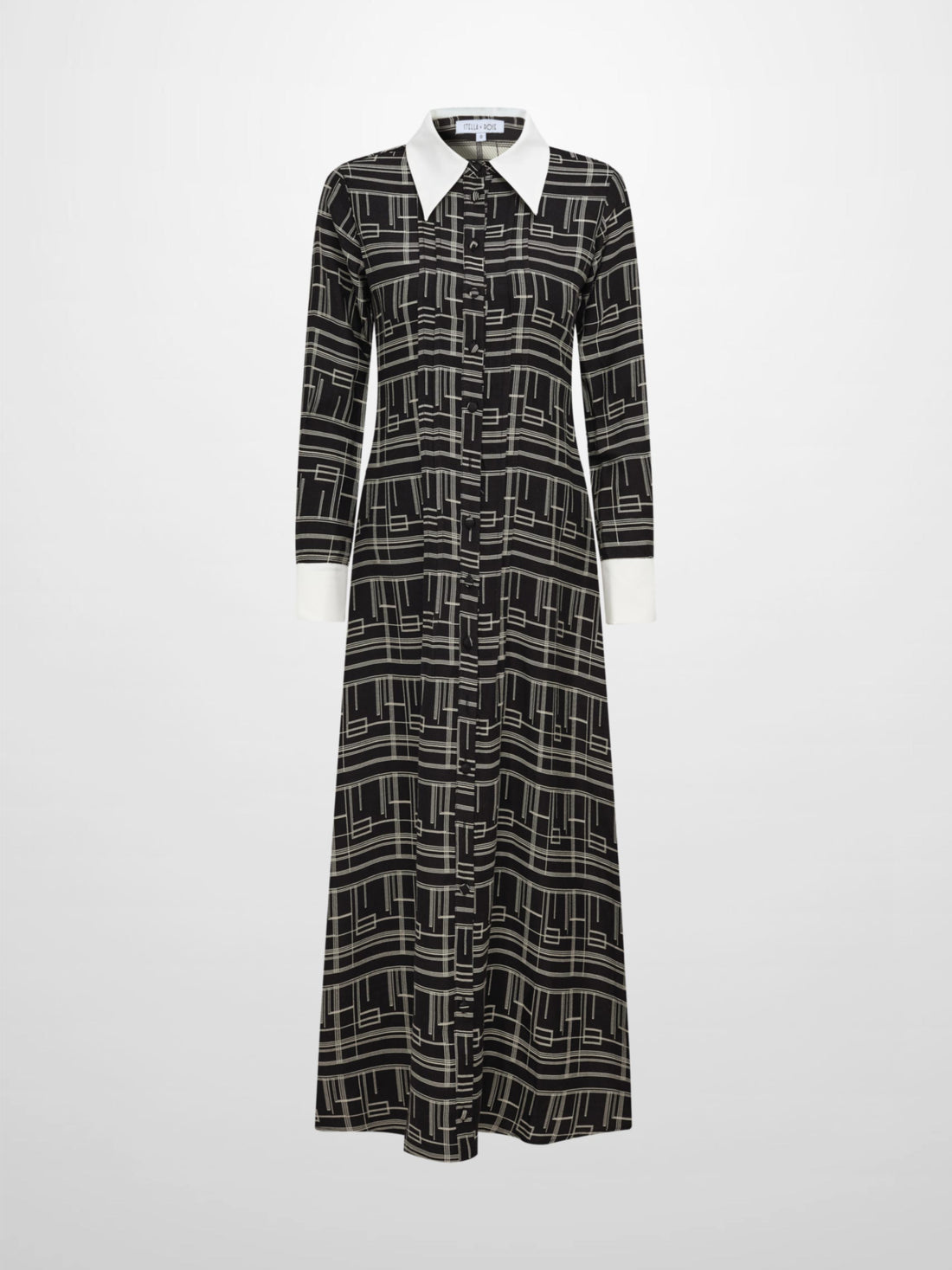 Collared Ruched Back Long Sleeve Shirtdress - Black Geometric