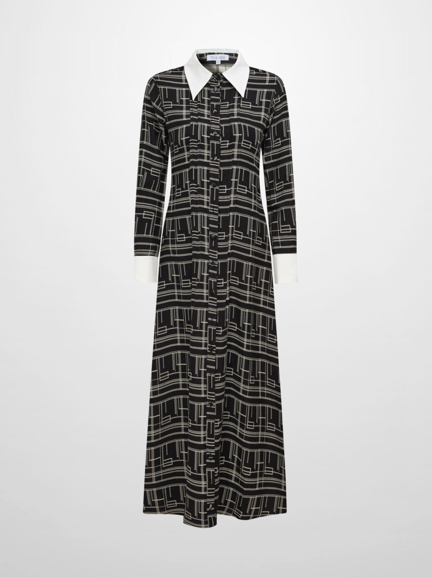 Collared Ruched Back Long Sleeve Shirtdress - Black Geometric