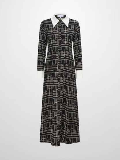 Collared Ruched Back Long Sleeve Shirtdress - Black Geometric