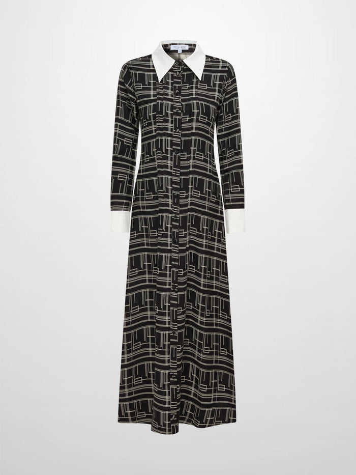 Collared Ruched Back Long Sleeve Shirtdress - Black Geometric
