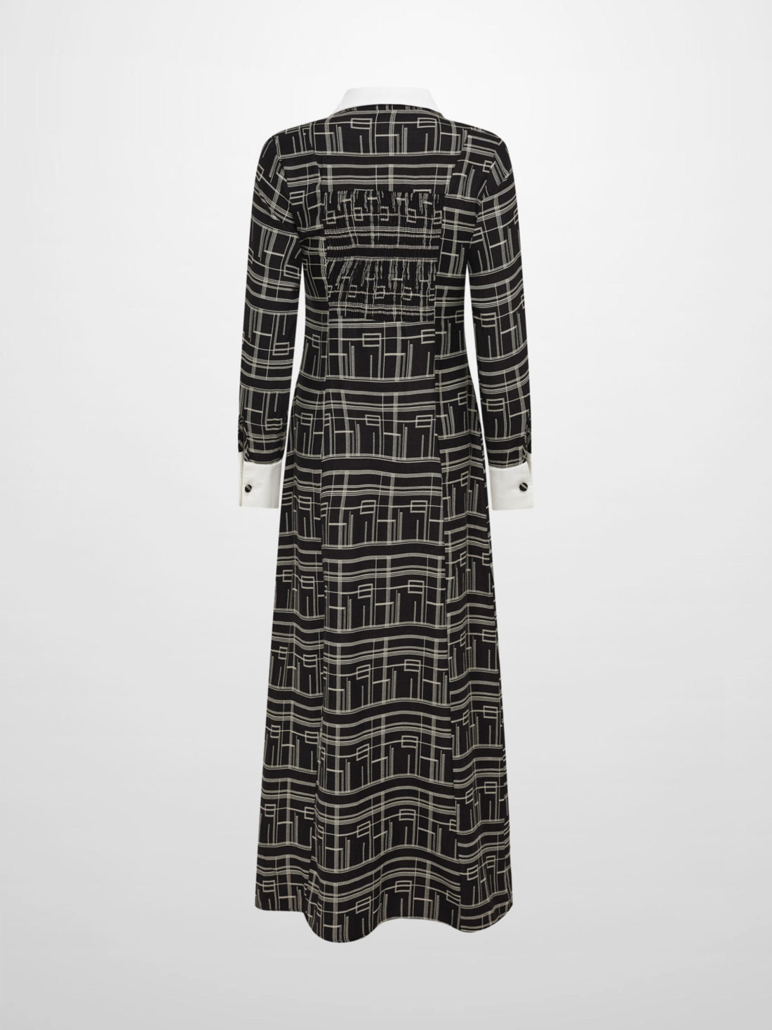Collared Ruched Back Long Sleeve Shirtdress - Black Geometric