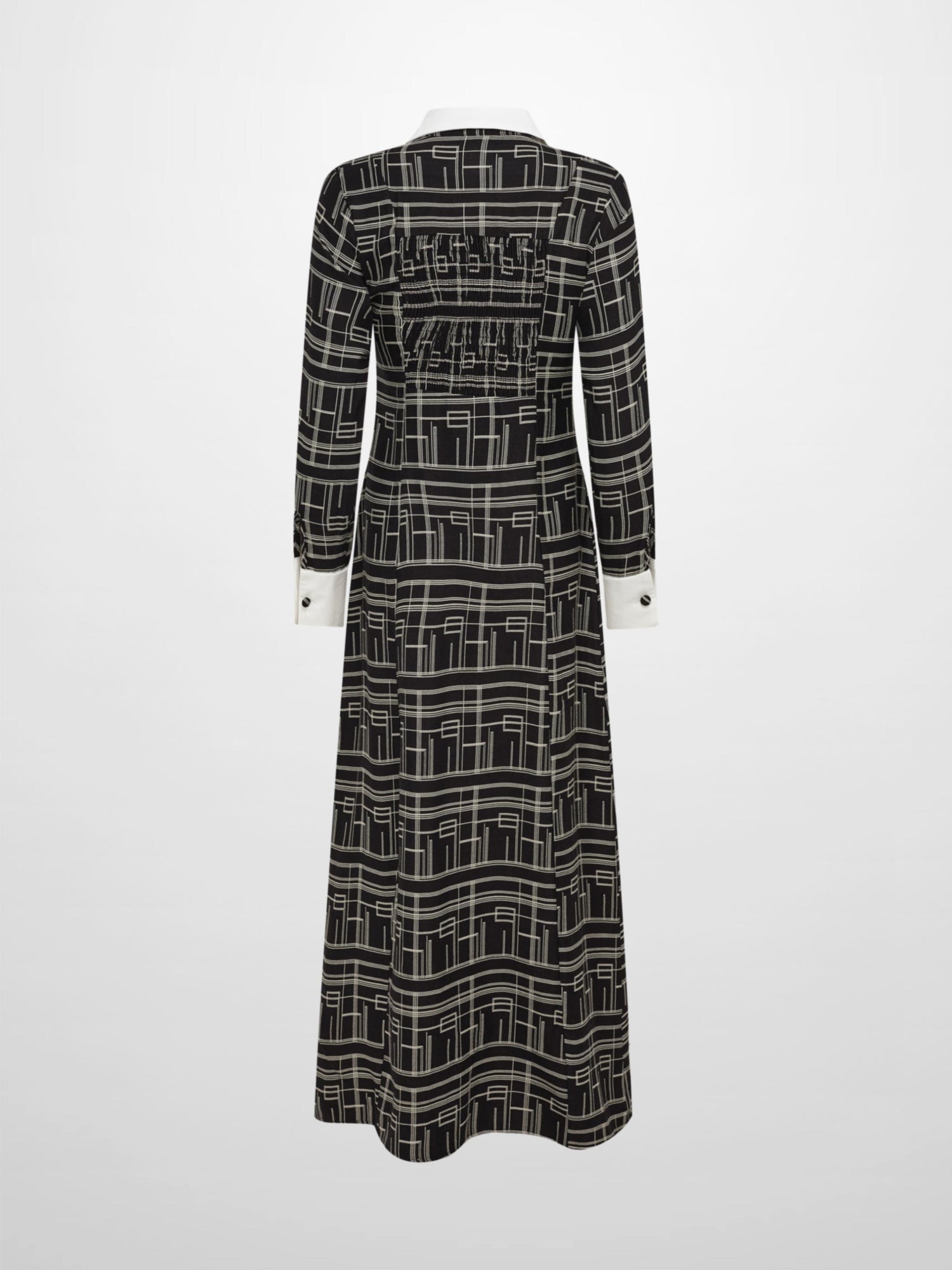 Collared Ruched Back Long Sleeve Shirtdress - Black Geometric