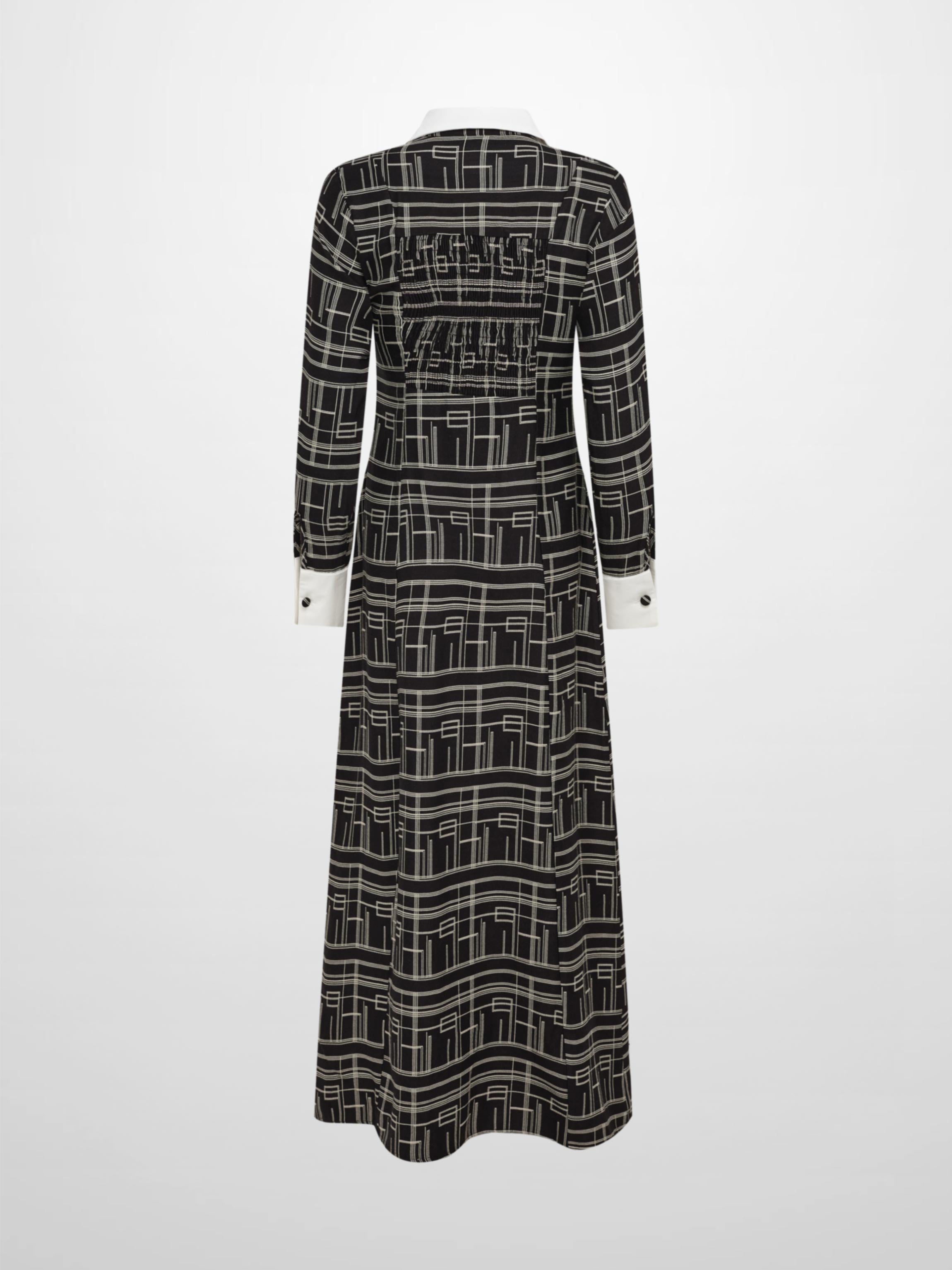 Collared Ruched Back Long Sleeve Shirtdress - Black Geometric