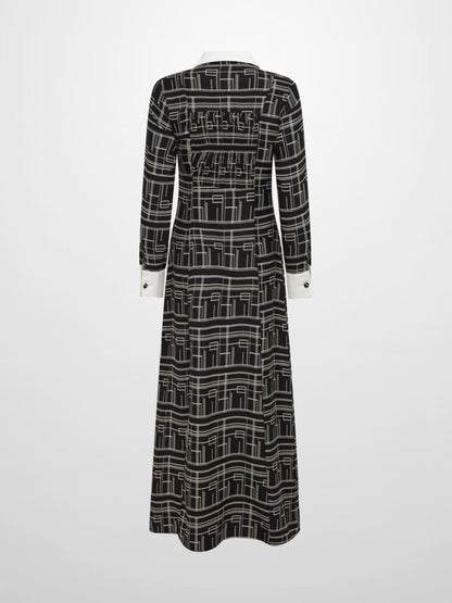 Collared Ruched Back Long Sleeve Shirtdress - Black Geometric