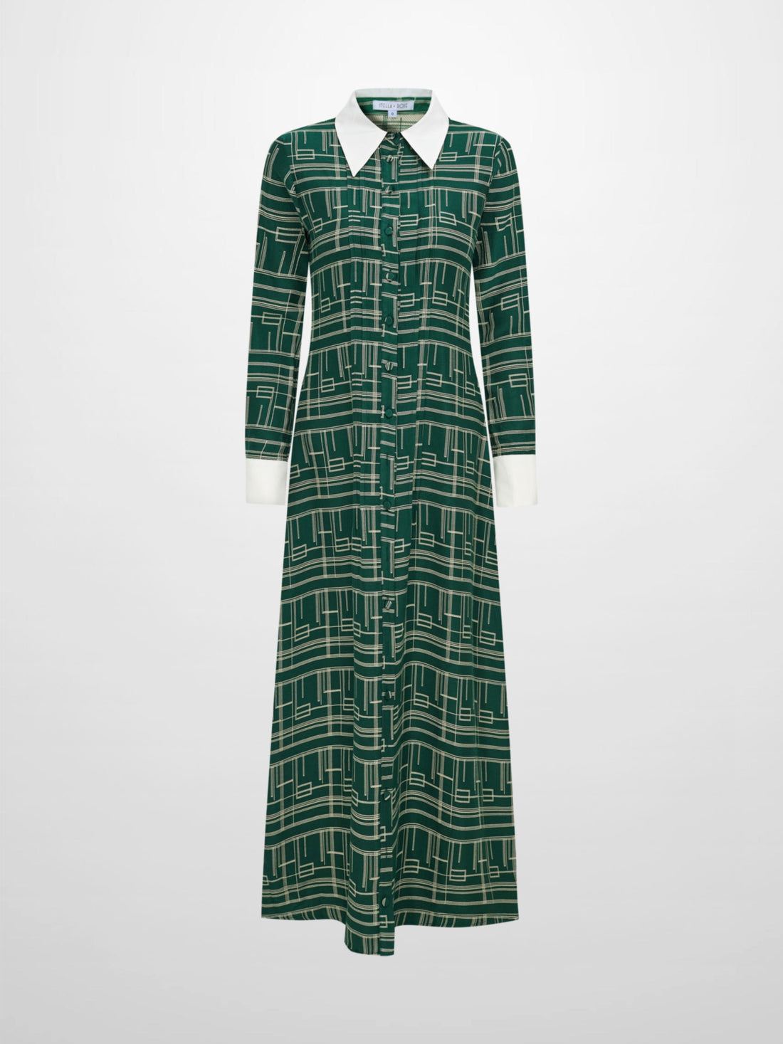 Collared Ruched Back Long Sleeve Shirtdress - Green Geometric
