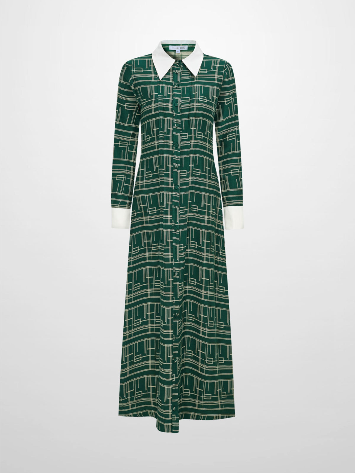 Collared Ruched Back Long Sleeve Shirtdress - Green Geometric