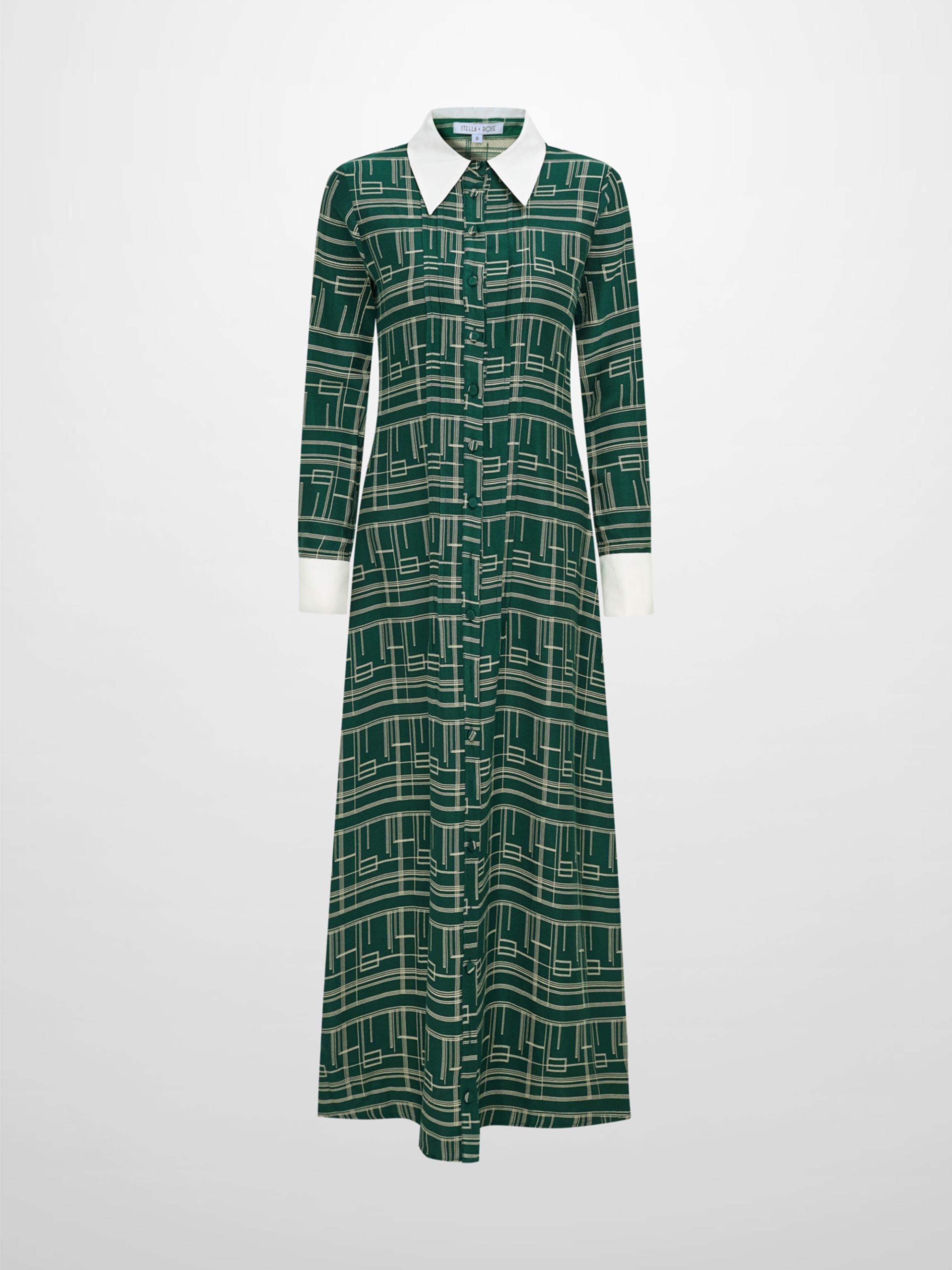 Collared Ruched Back Long Sleeve Shirtdress - Green Geometric
