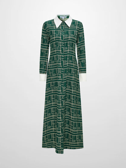 Collared Ruched Back Long Sleeve Shirtdress - Green Geometric