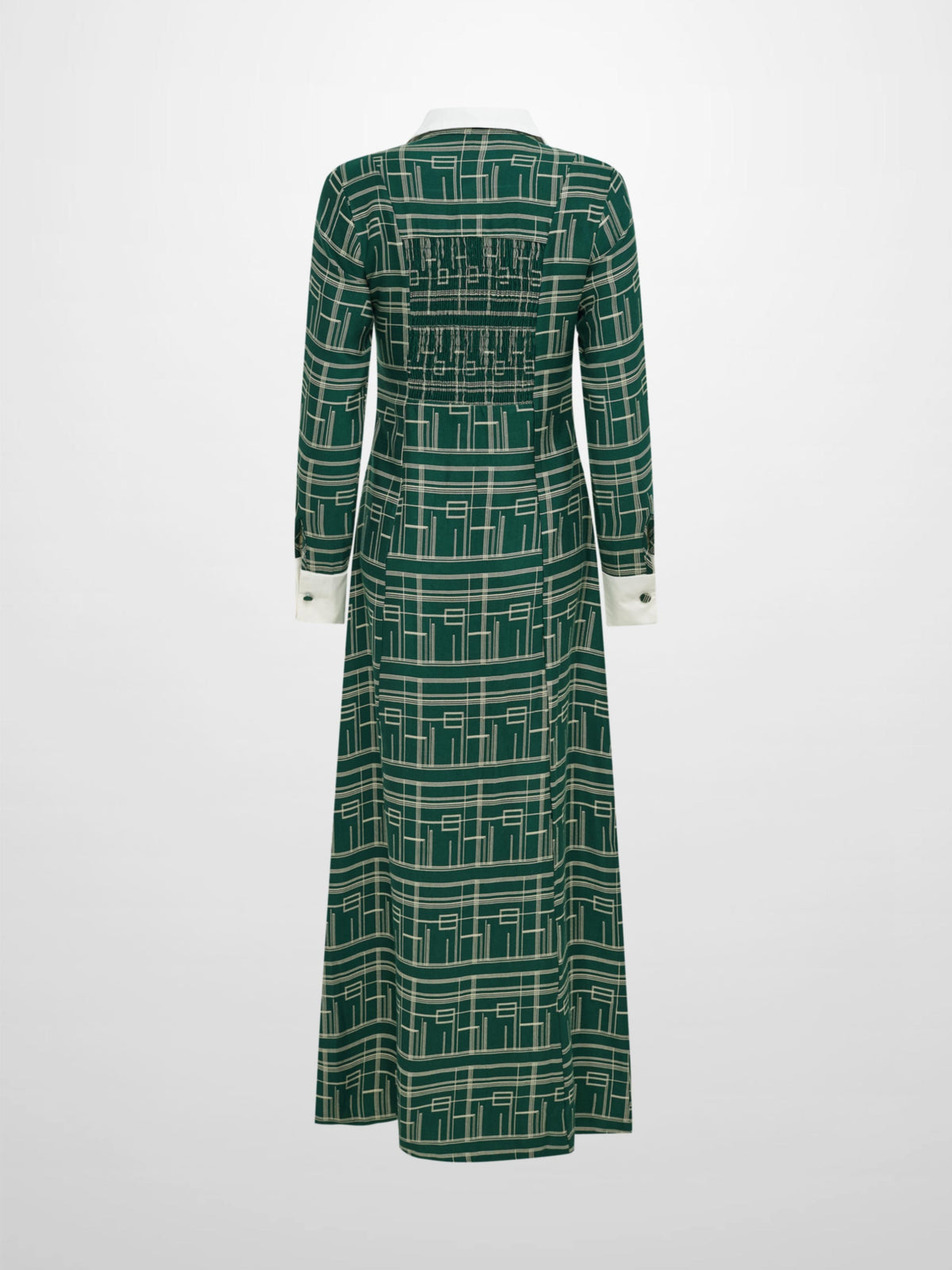 Collared Ruched Back Long Sleeve Shirtdress - Green Geometric