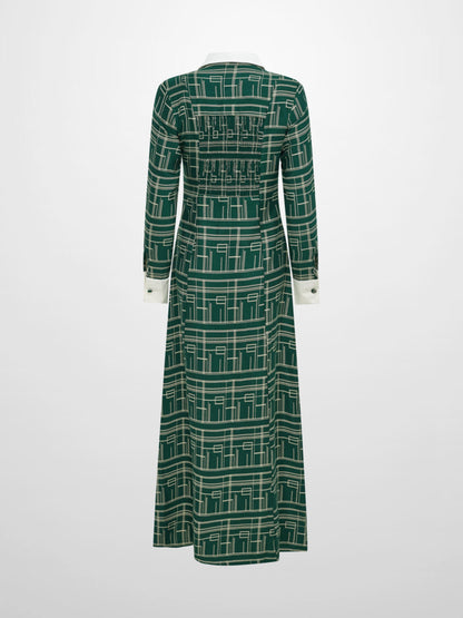 Collared Ruched Back Long Sleeve Shirtdress - Green Geometric