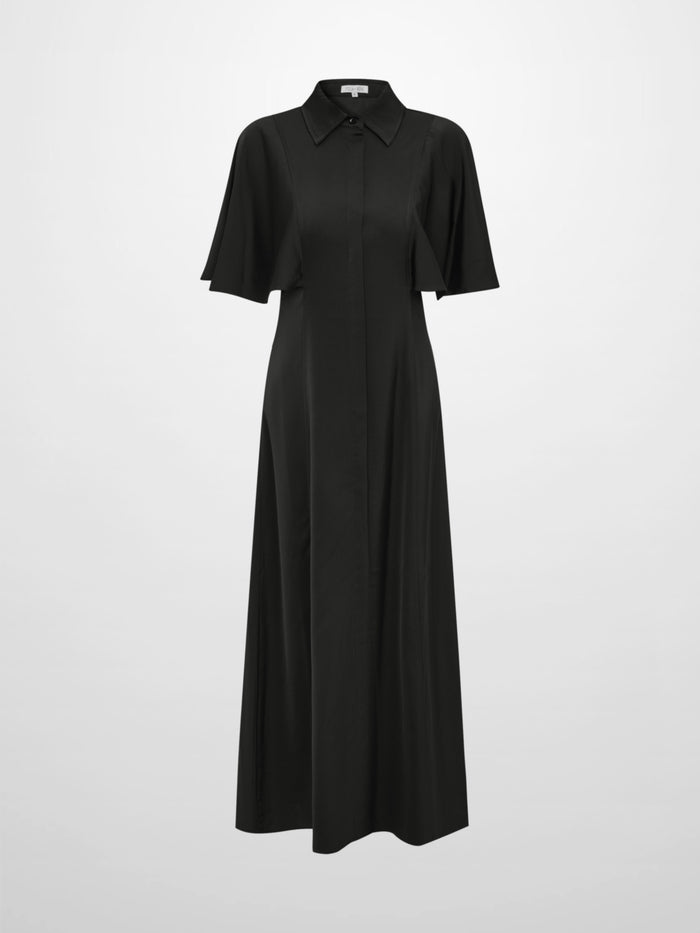 Cape Sleeve Maxi Shirtdress - Black