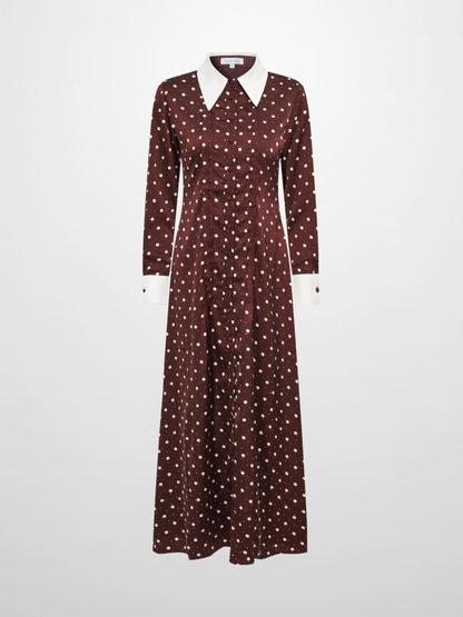 Collared Ruched Back Long Sleeve Shirtdress - Burgundy Polka Dot Sparkle