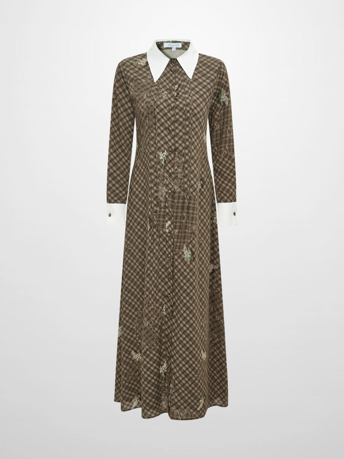 Collared Ruched Back Long Sleeve Shirtdress - Plaid Floral