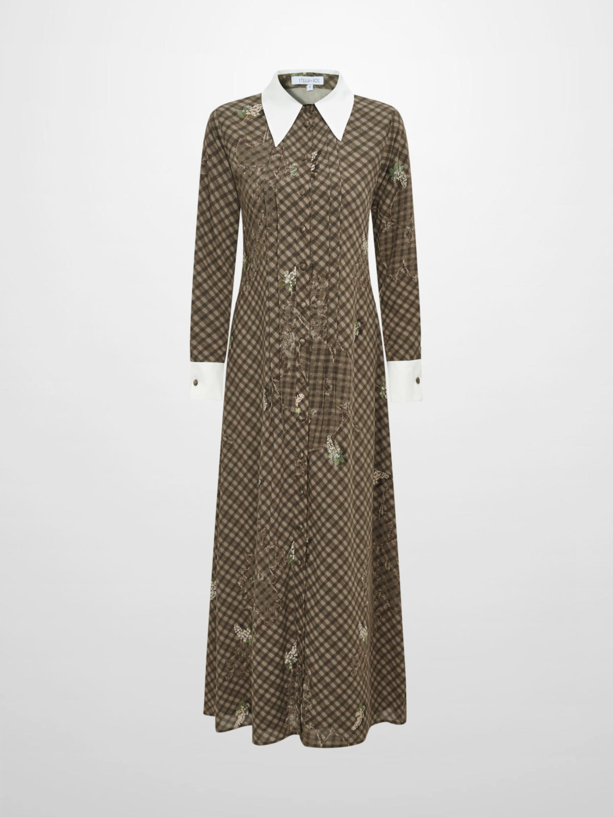 Collared Ruched Back Long Sleeve Shirtdress - Plaid Floral
