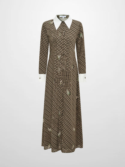 Collared Ruched Back Long Sleeve Shirtdress - Plaid Floral