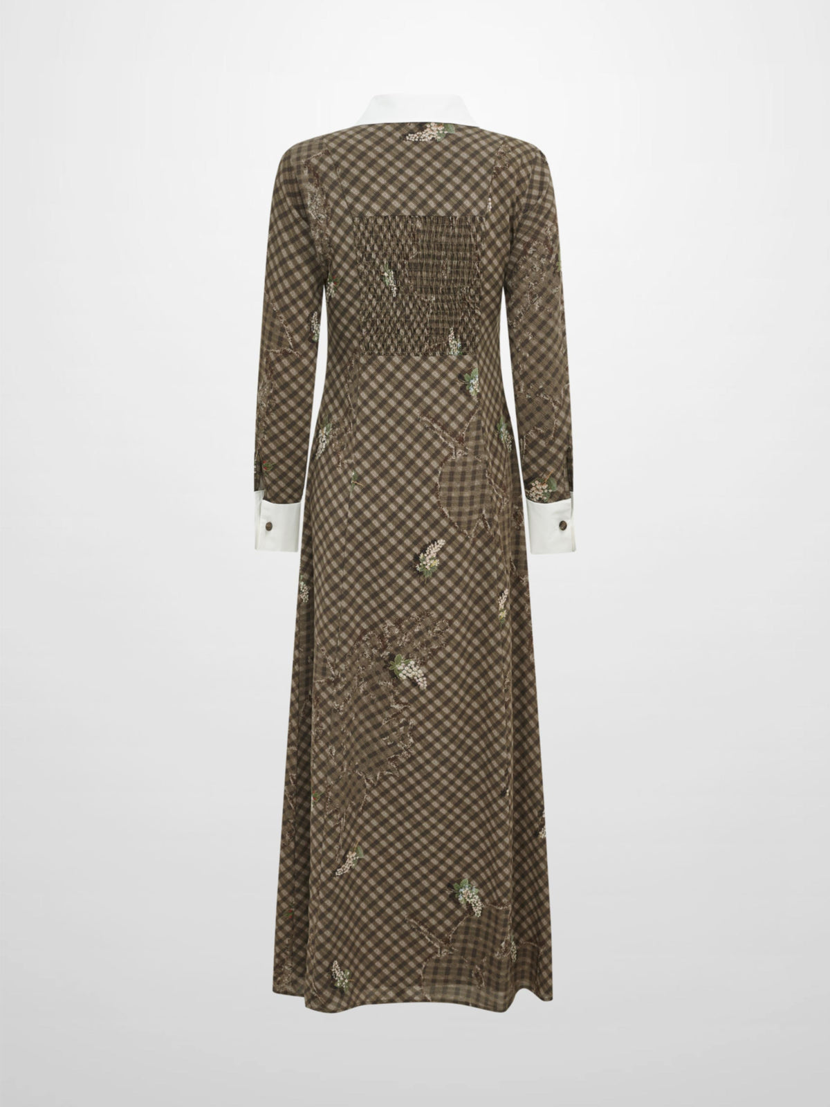 Collared Ruched Back Long Sleeve Shirtdress - Plaid Floral