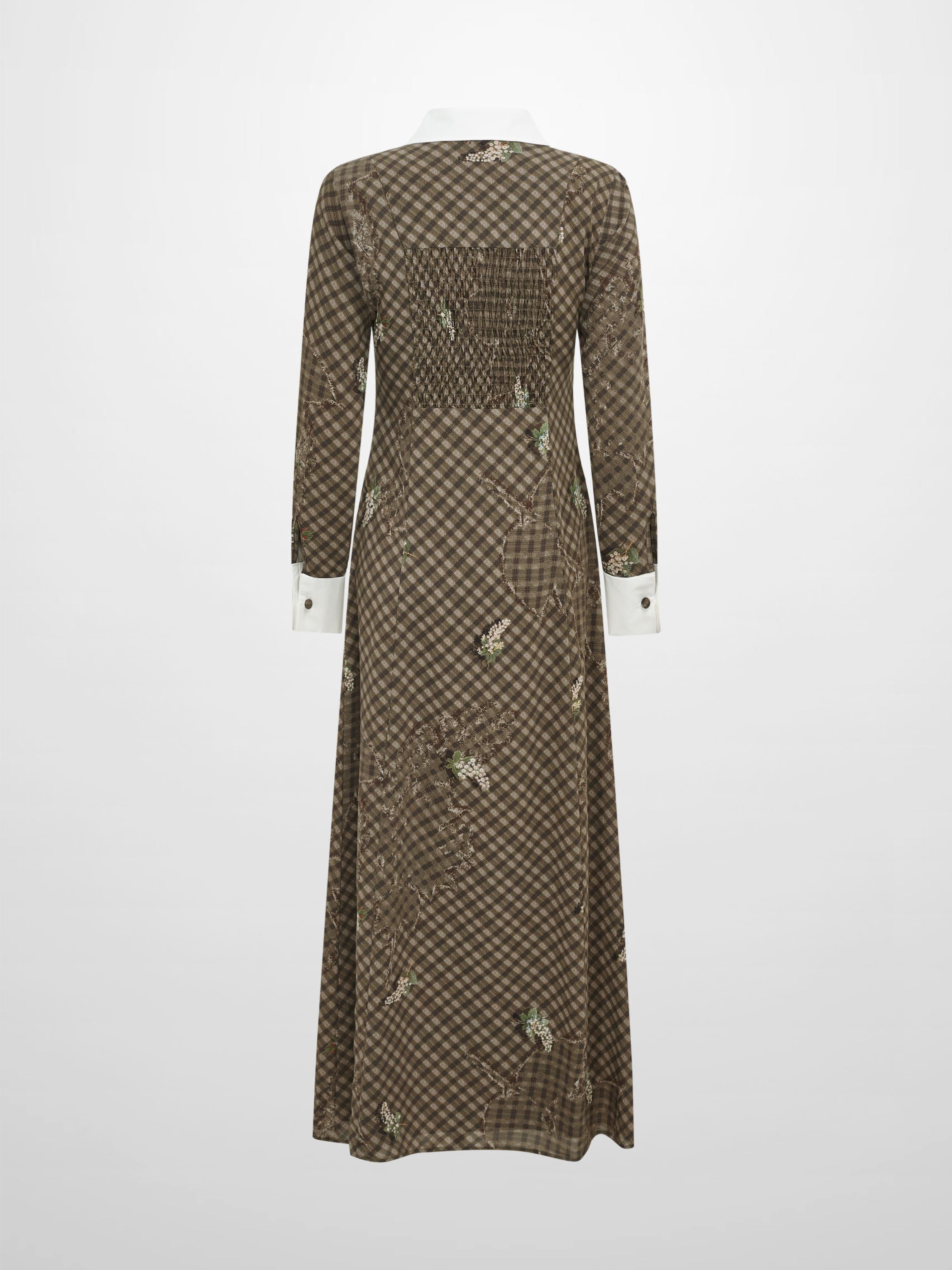 Collared Ruched Back Long Sleeve Shirtdress - Plaid Floral